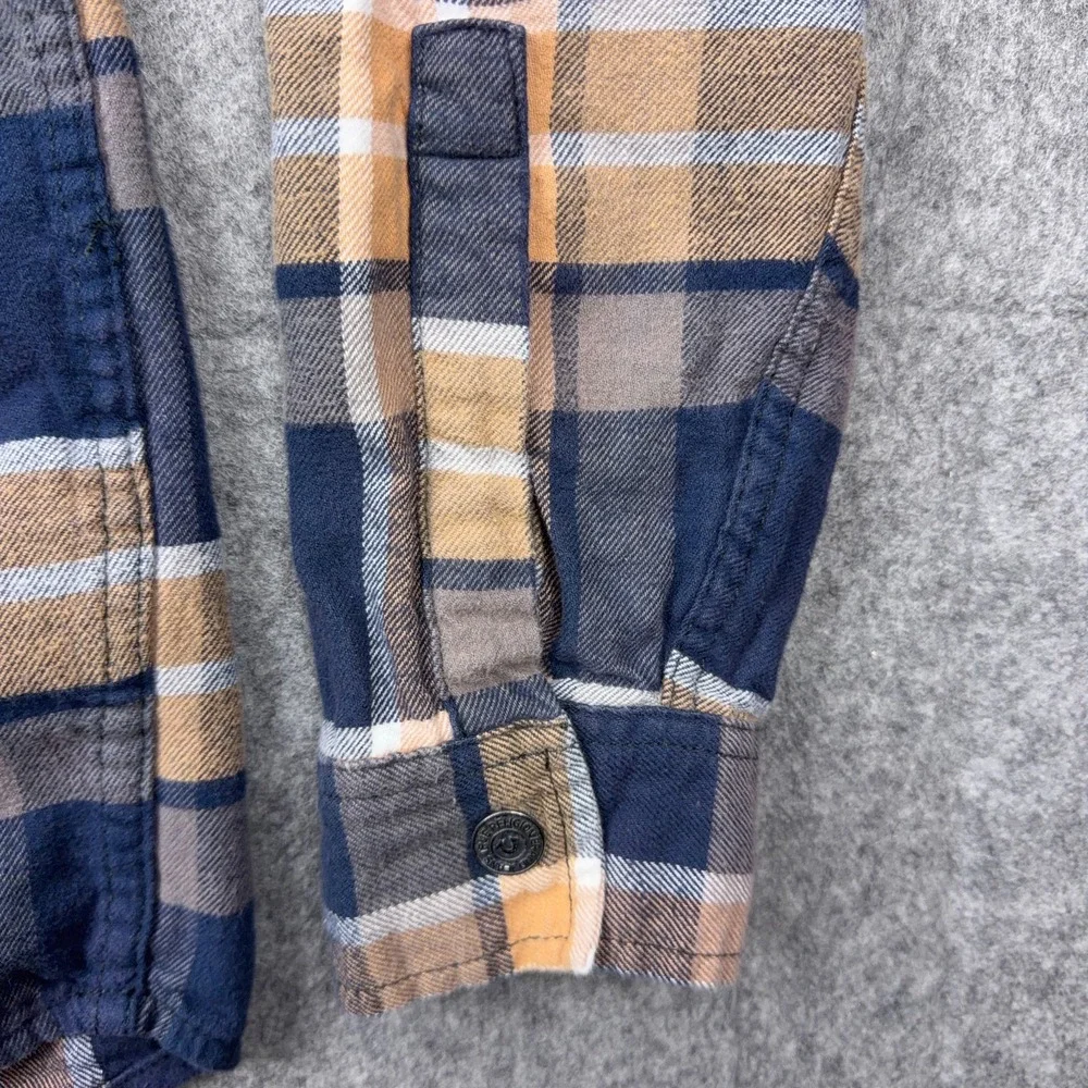 True Religion Shirt Mens Large Blue Tan Plaid Flannel Shacket Logo‎ Flap Pockets